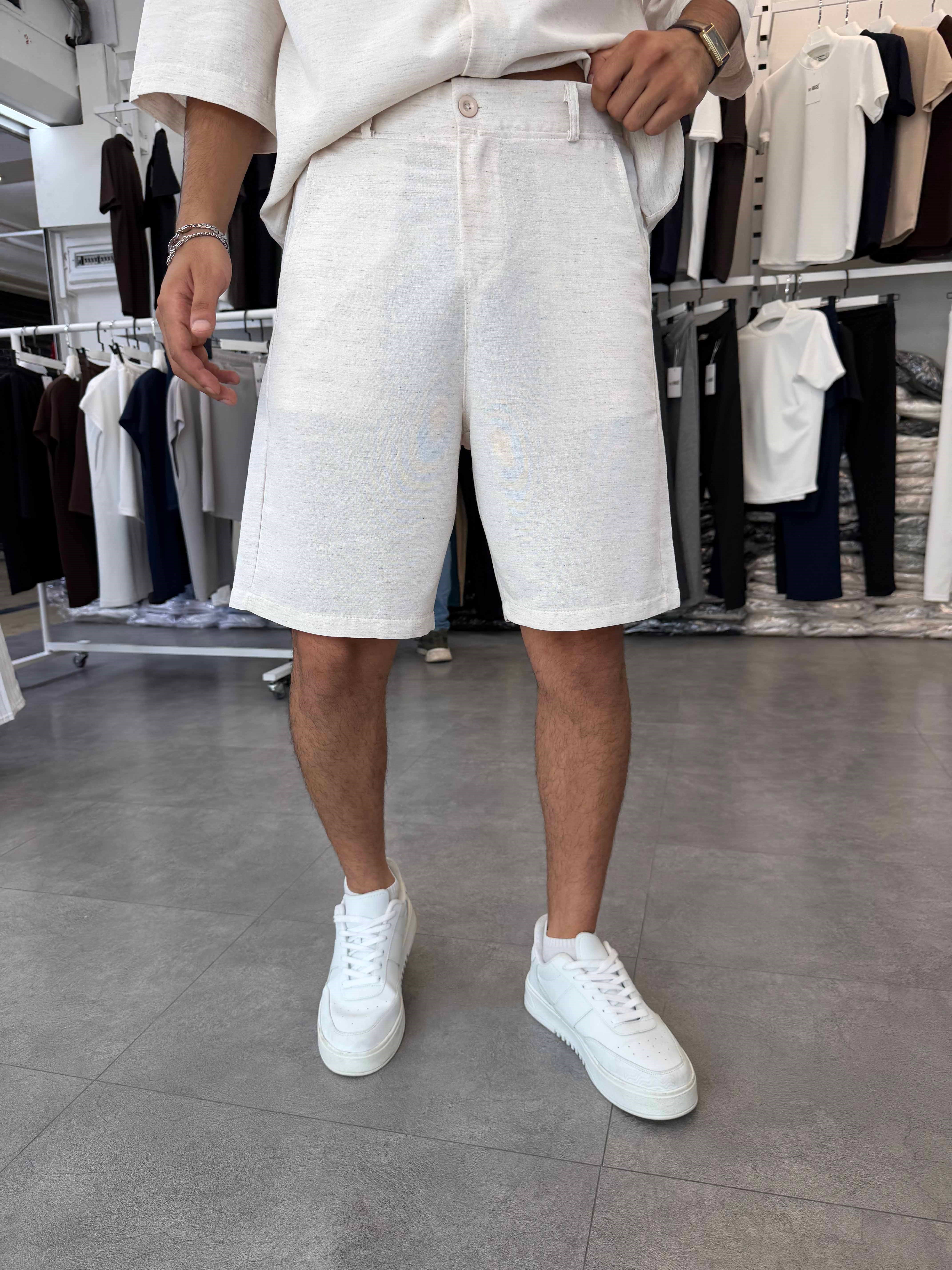 Viskon&Keten Oversize Şortlu Takım Bej