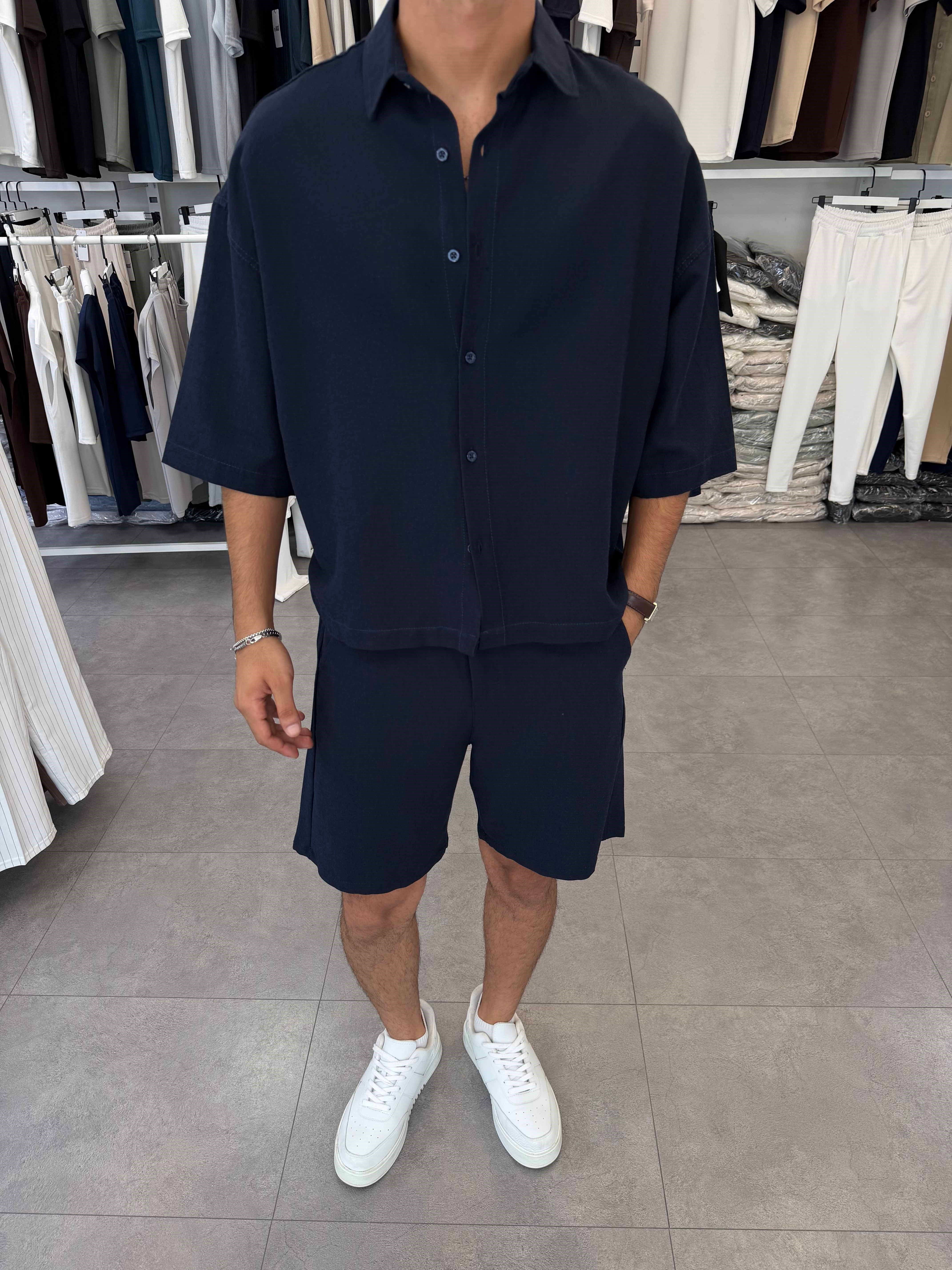 Viskon&Keten Oversize Şortlu Takım Lacivert