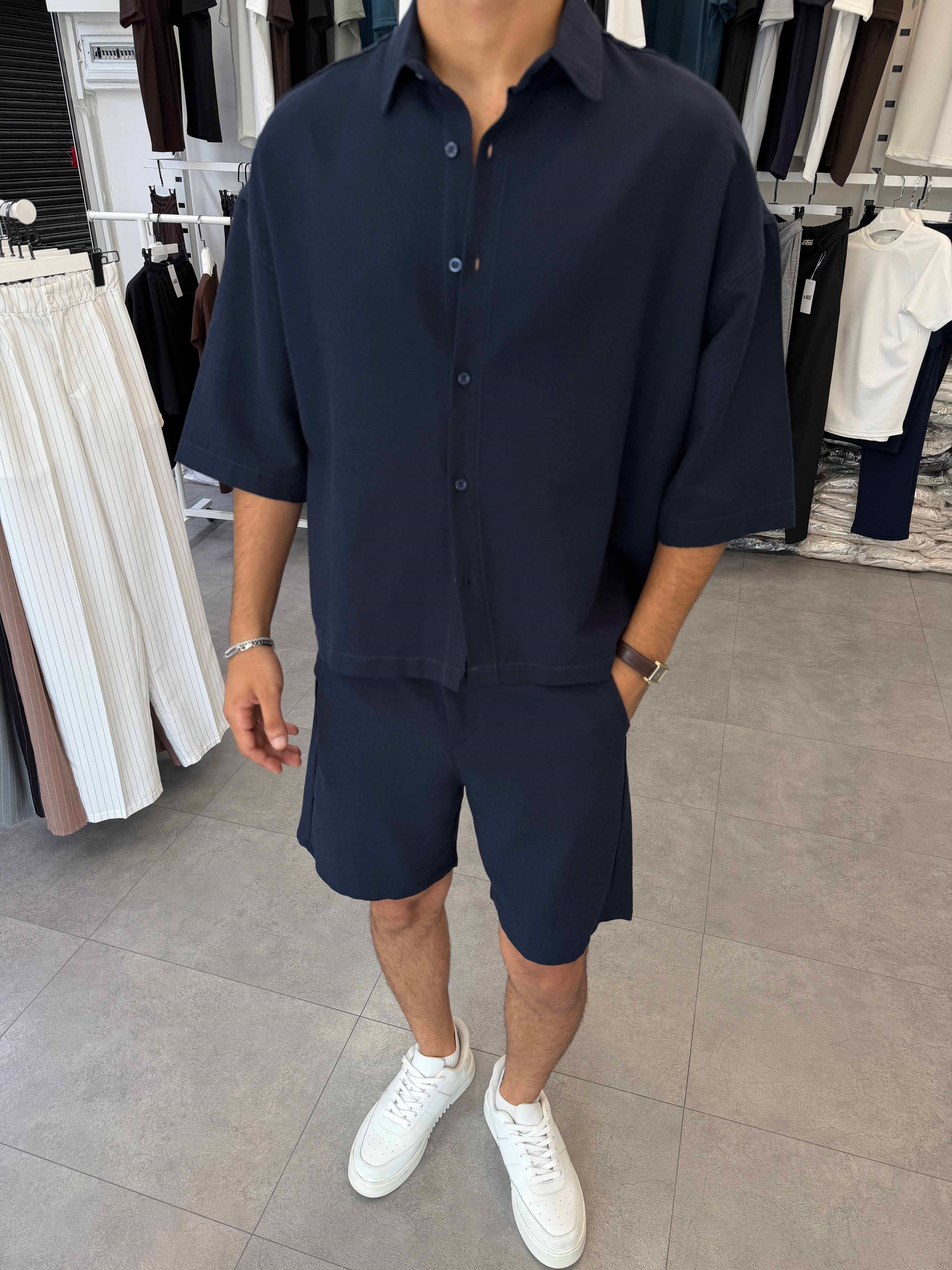Viskon&Keten Oversize Şortlu Takım Lacivert