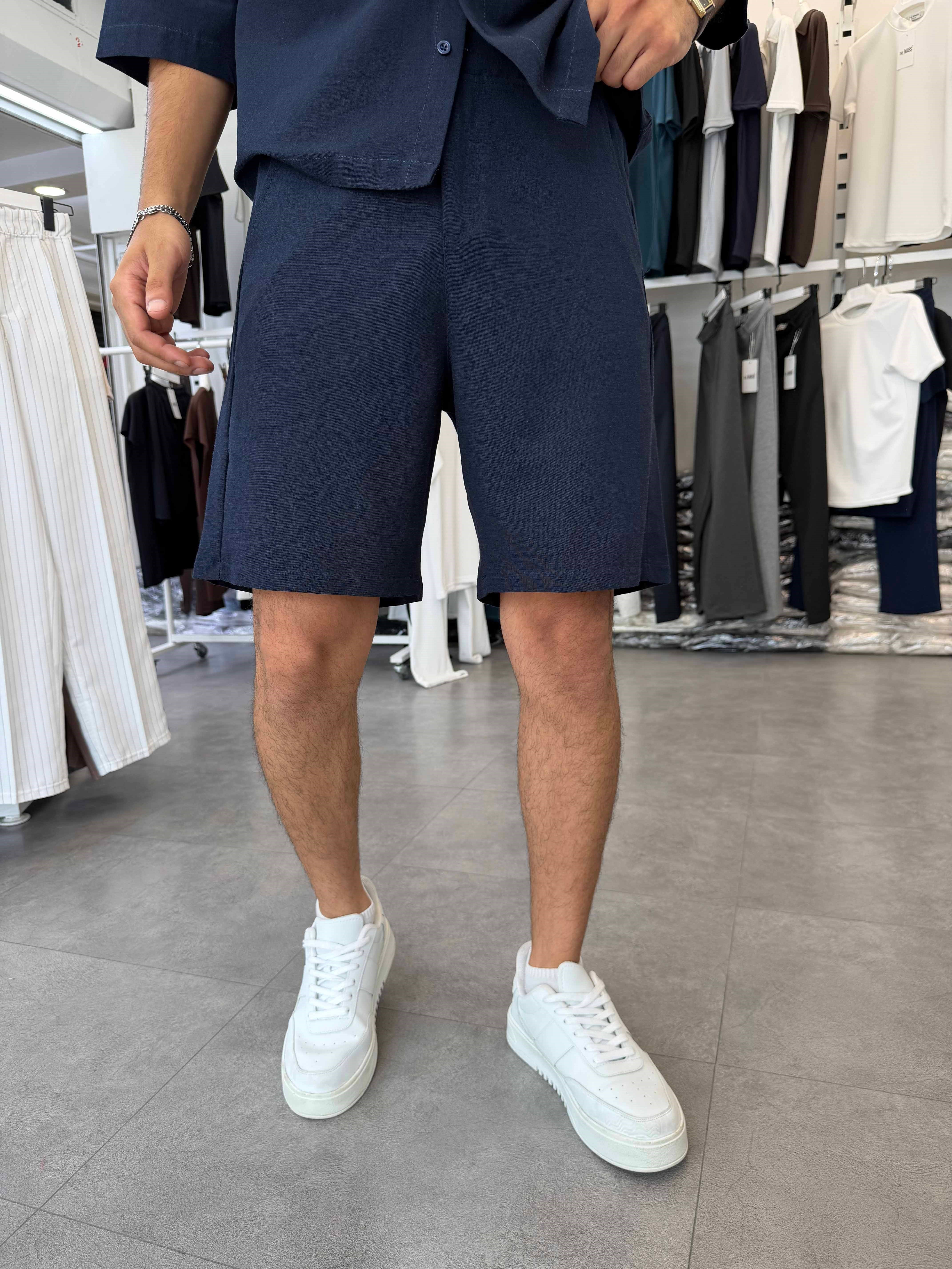 Viskon&Keten Oversize Şortlu Takım Lacivert
