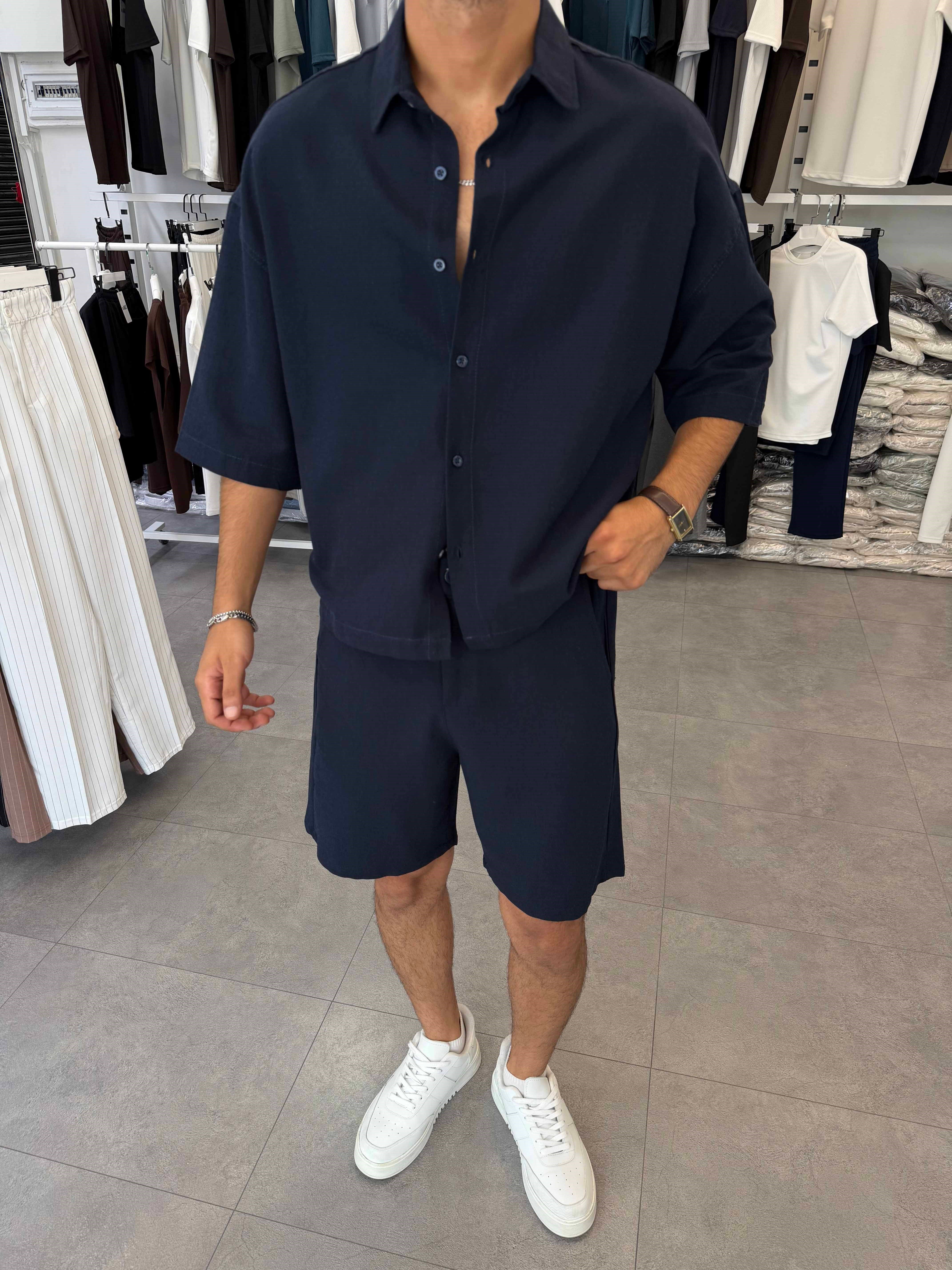 Viskon&Keten Oversize Şortlu Takım Lacivert