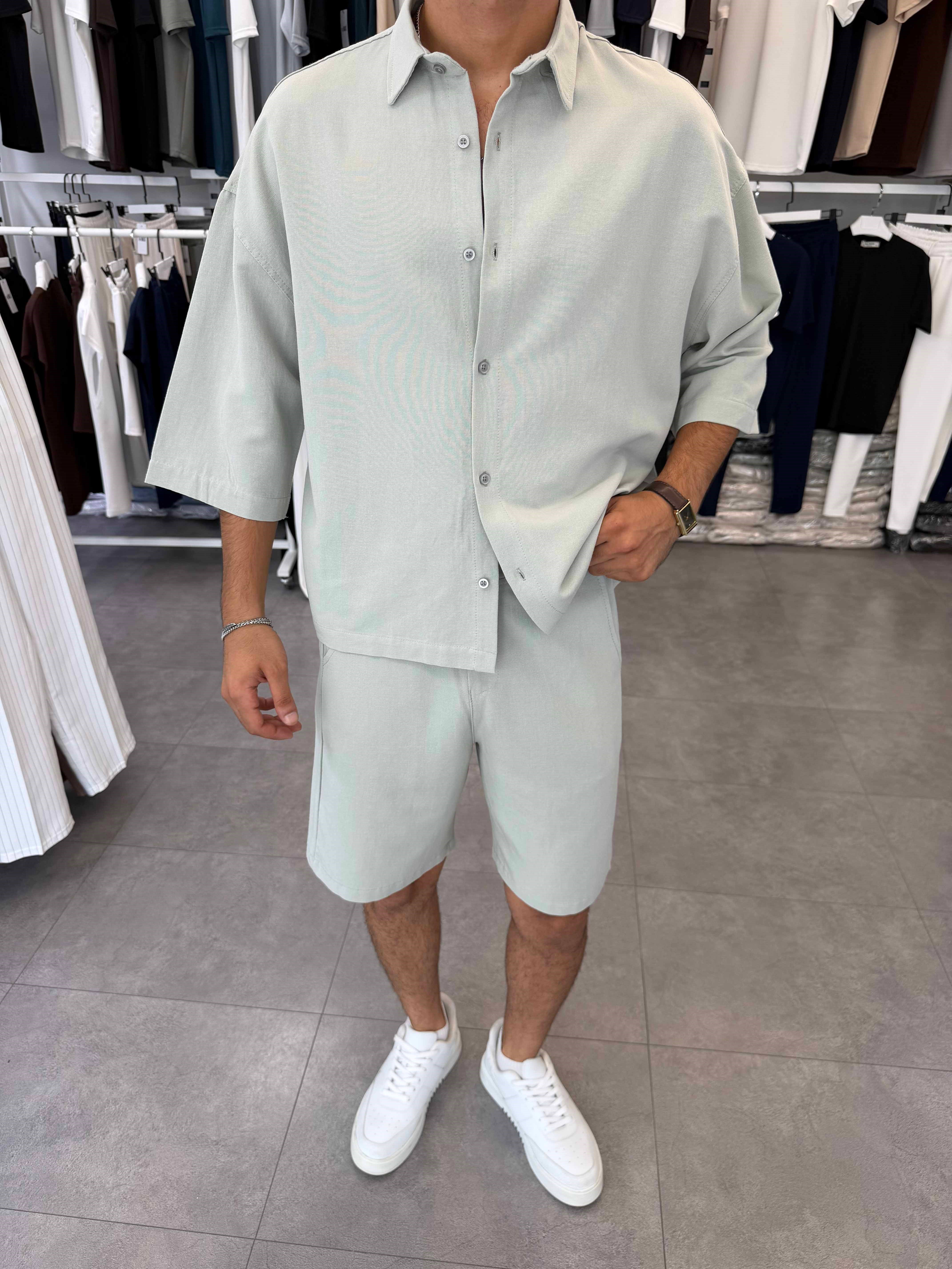 Viskon&Keten Oversize Şortlu Takım Mint