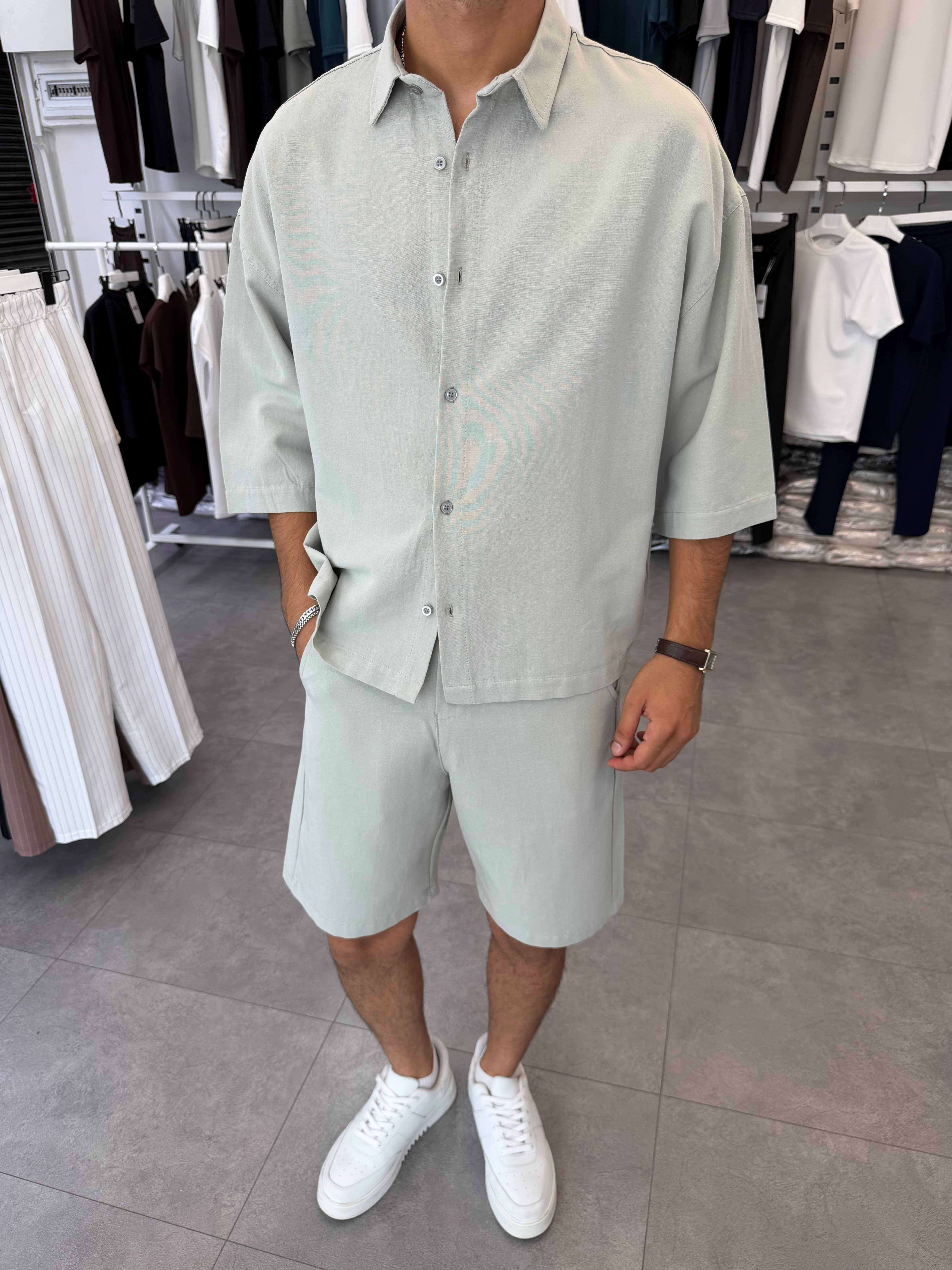 Viskon&Keten Oversize Şortlu Takım Mint