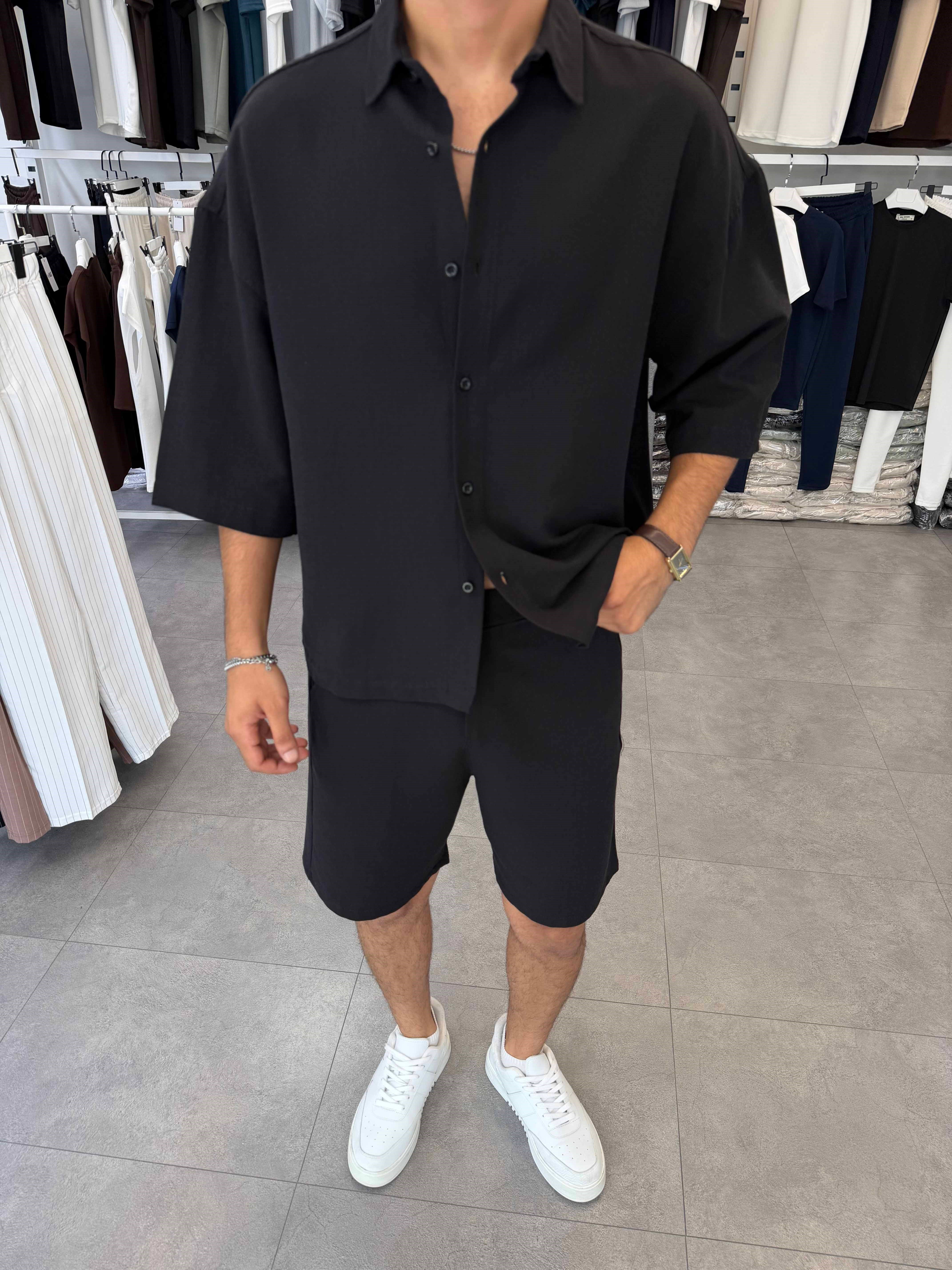 Viskon&Keten Oversize Şortlu Takım Siyah