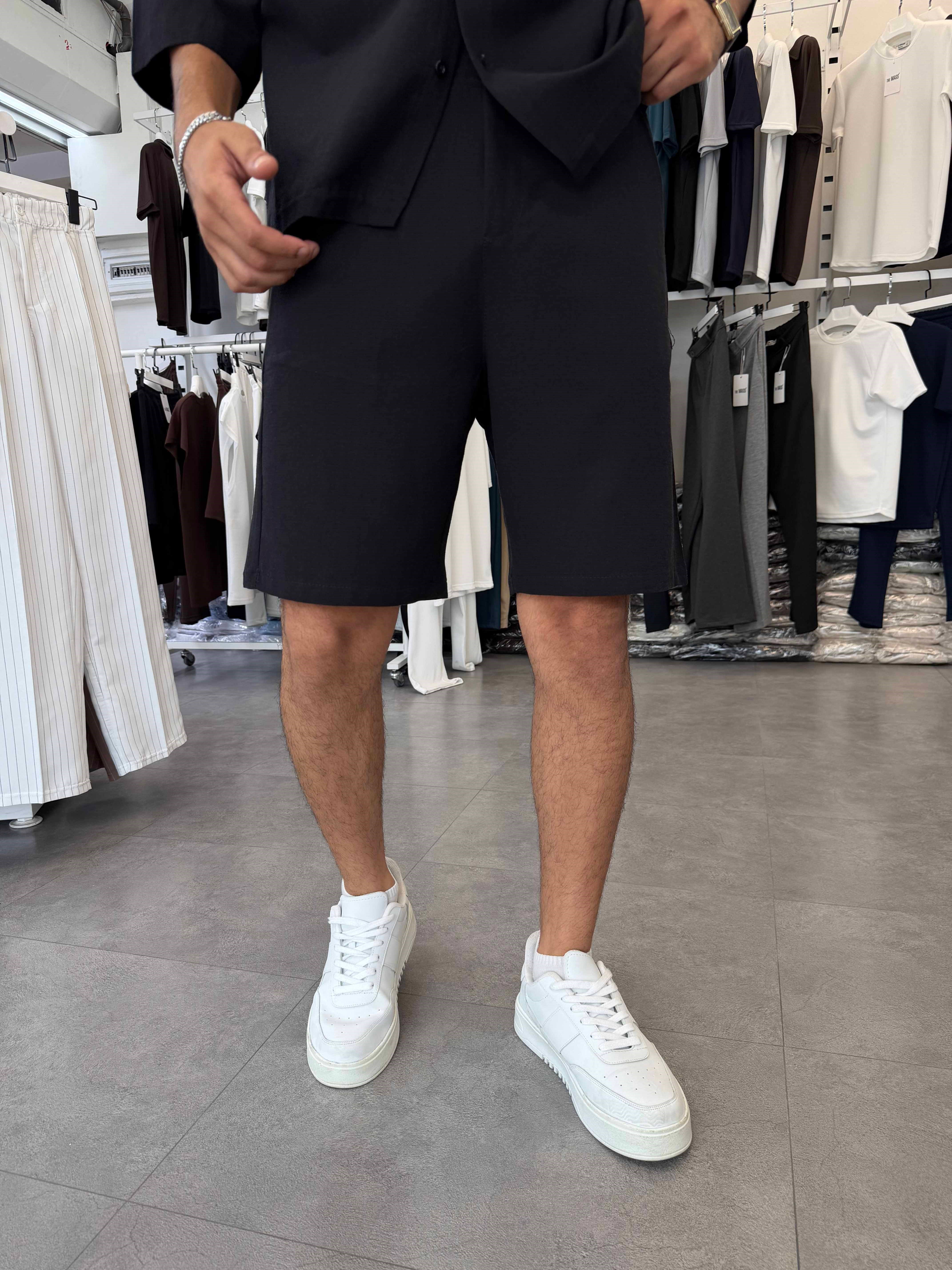 Viskon&Keten Oversize Şortlu Takım Siyah