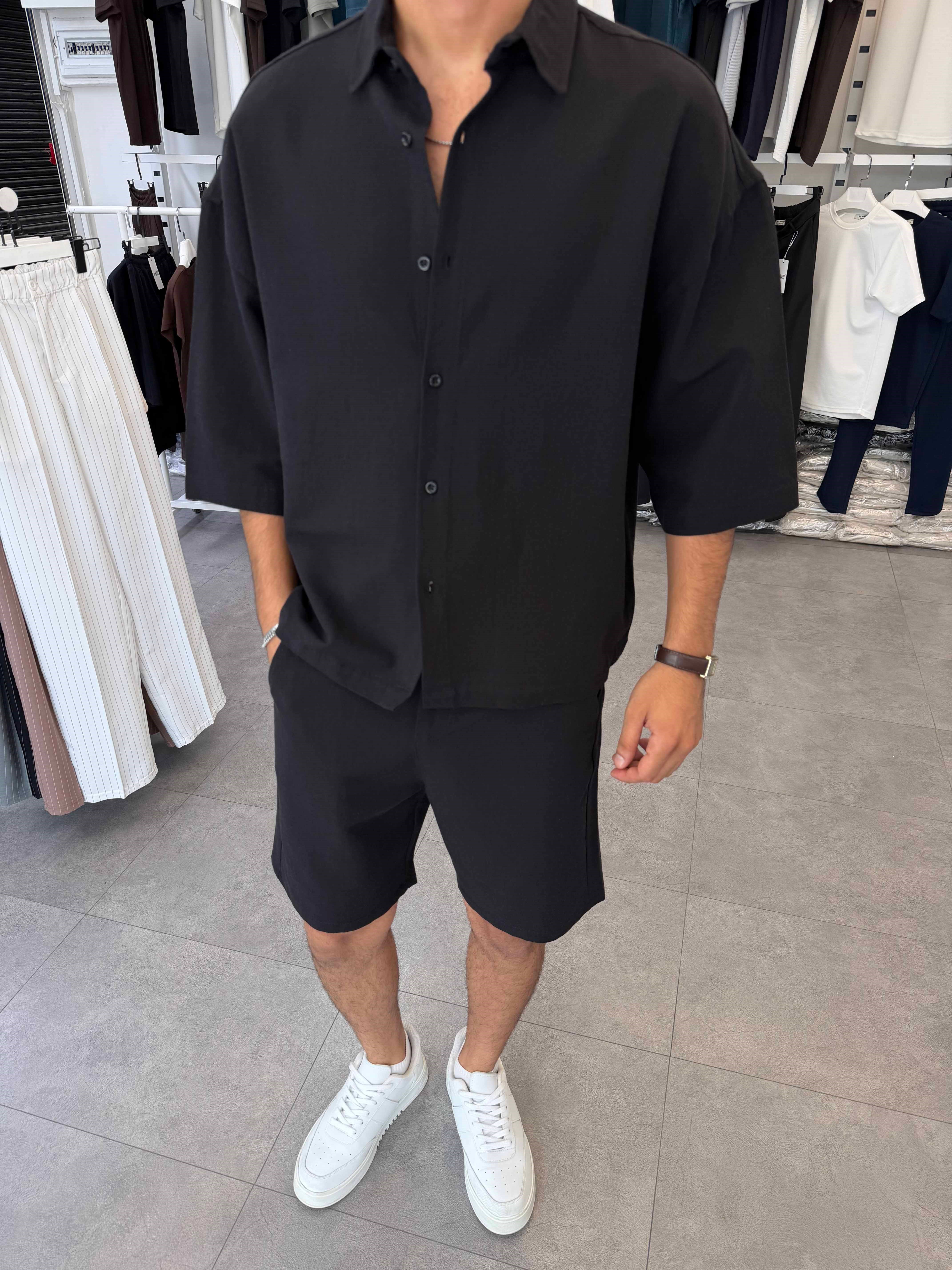 Viskon&Keten Oversize Şortlu Takım Siyah