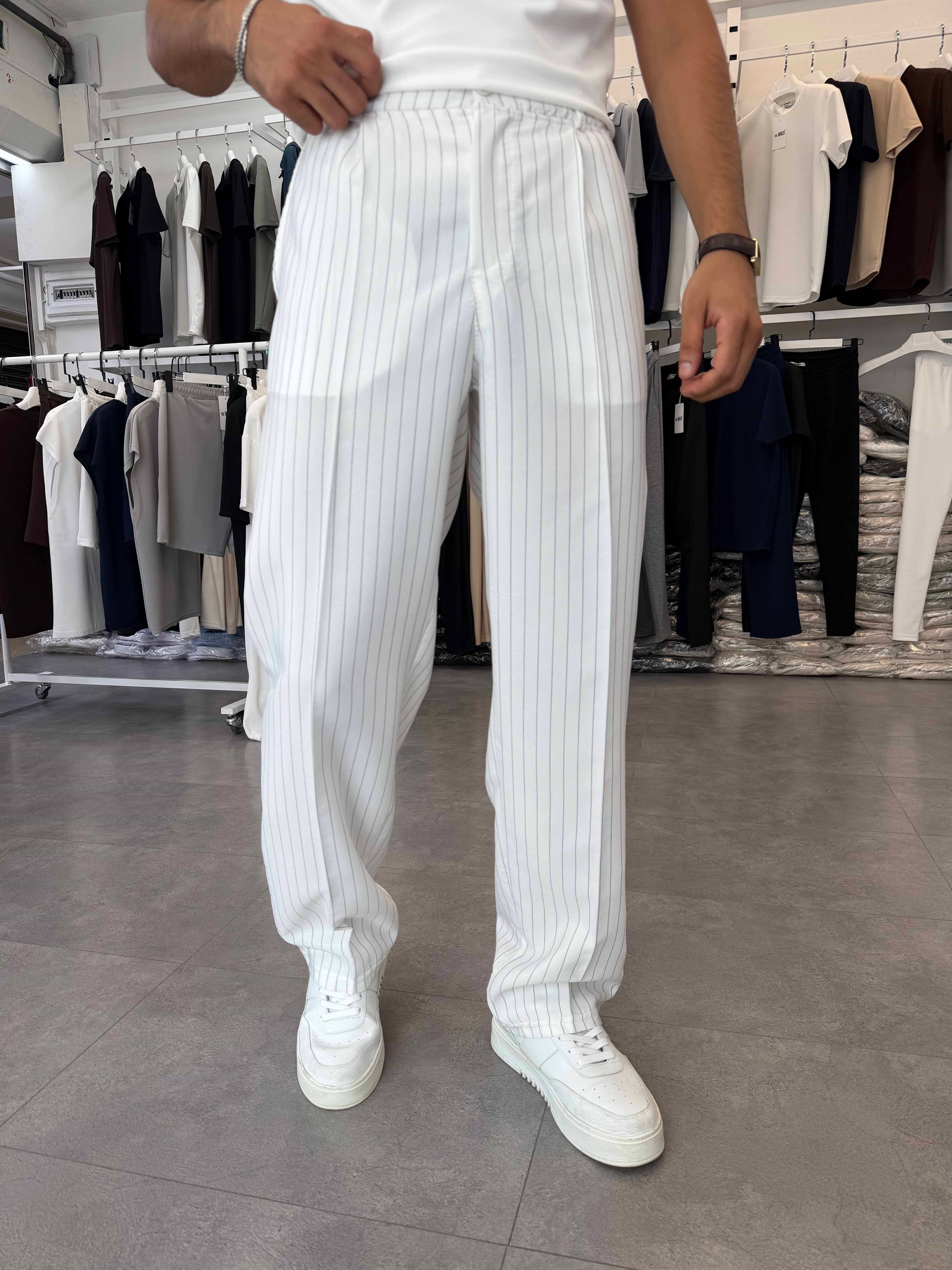 Viskon&Keten Pileli Baggy Pantolon Beyaz