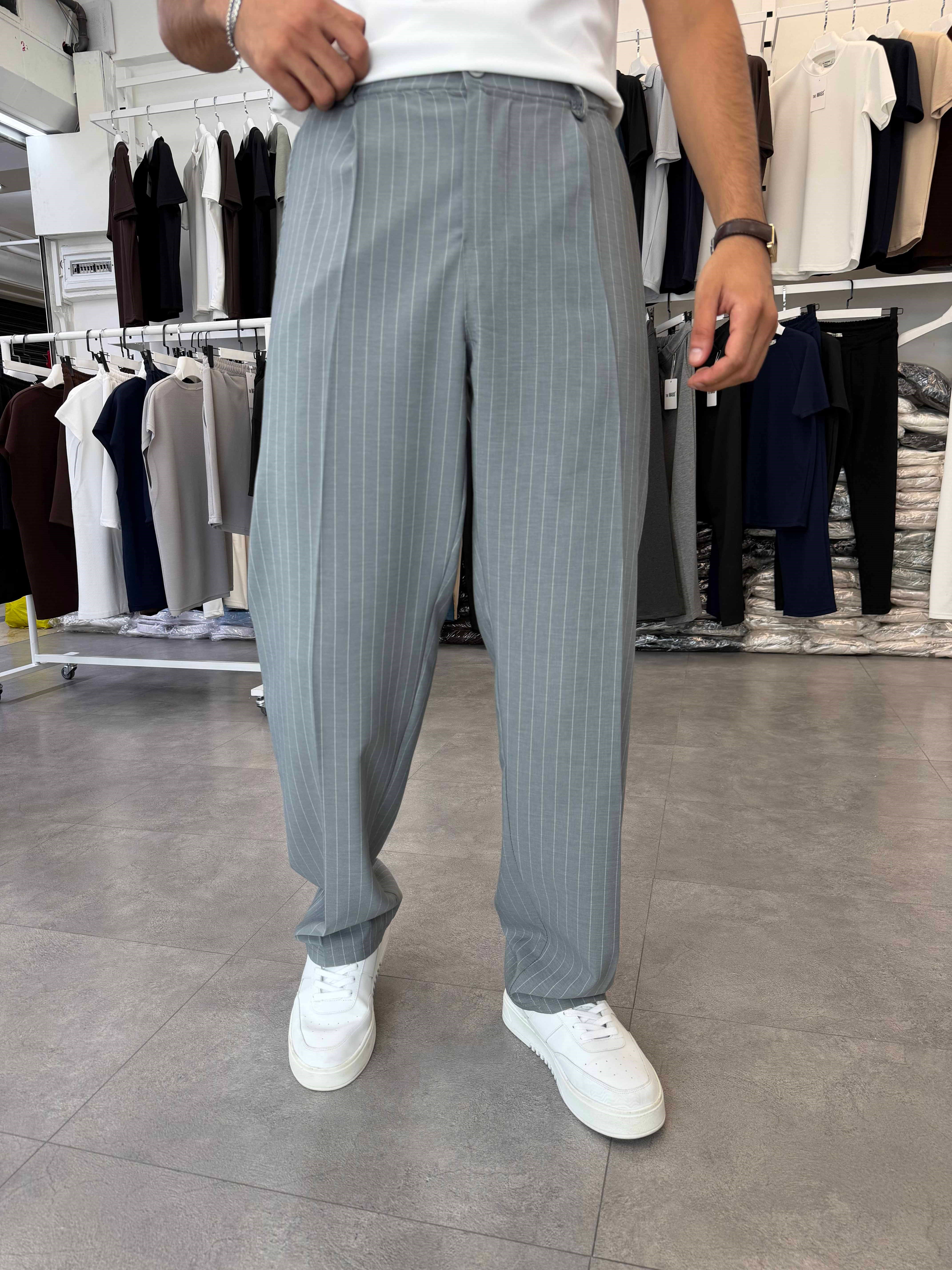 Viskon&Keten Pileli Baggy Pantolon Gri