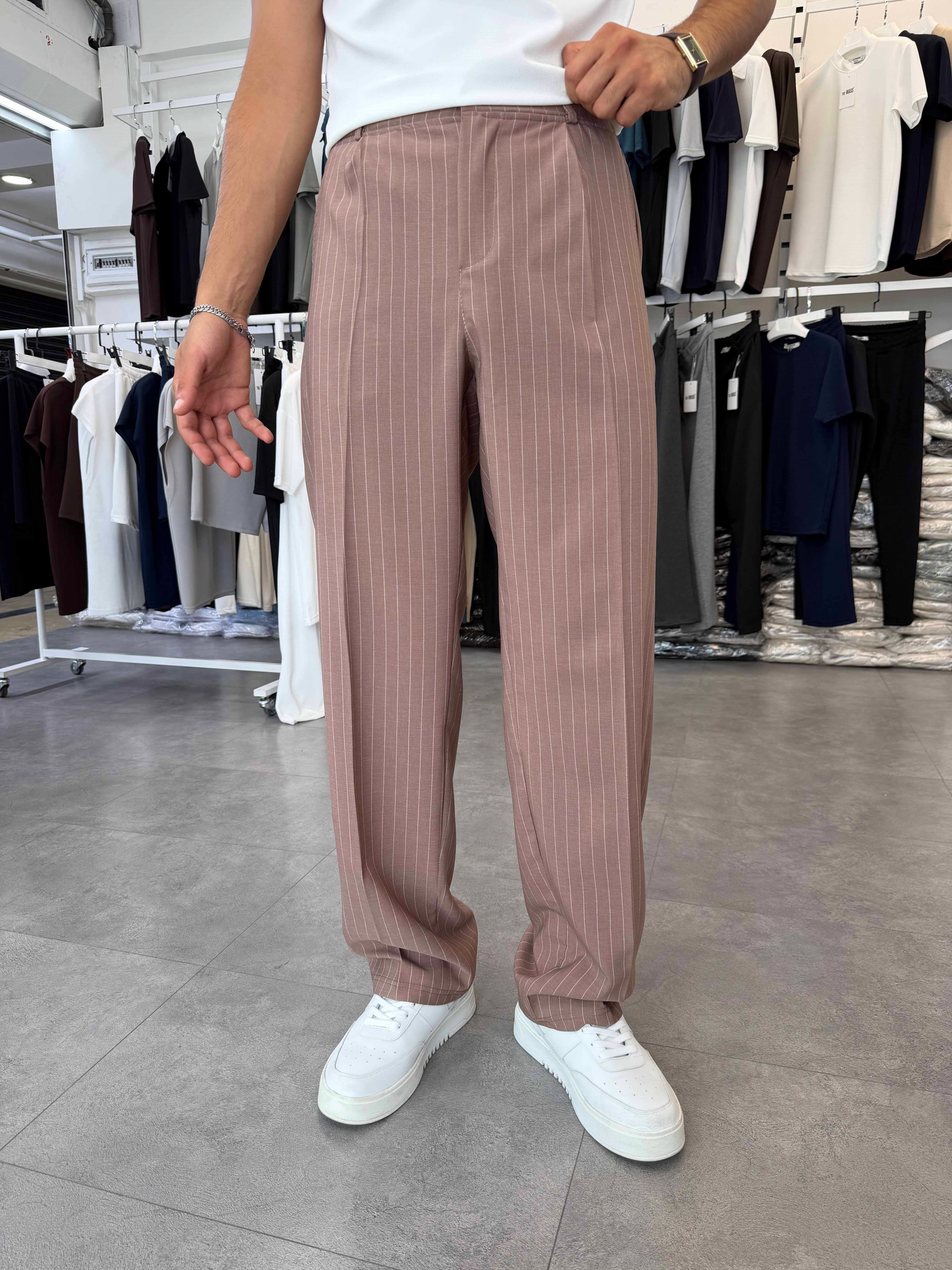 Viskon&Keten Pileli Baggy Pantolon Kahve