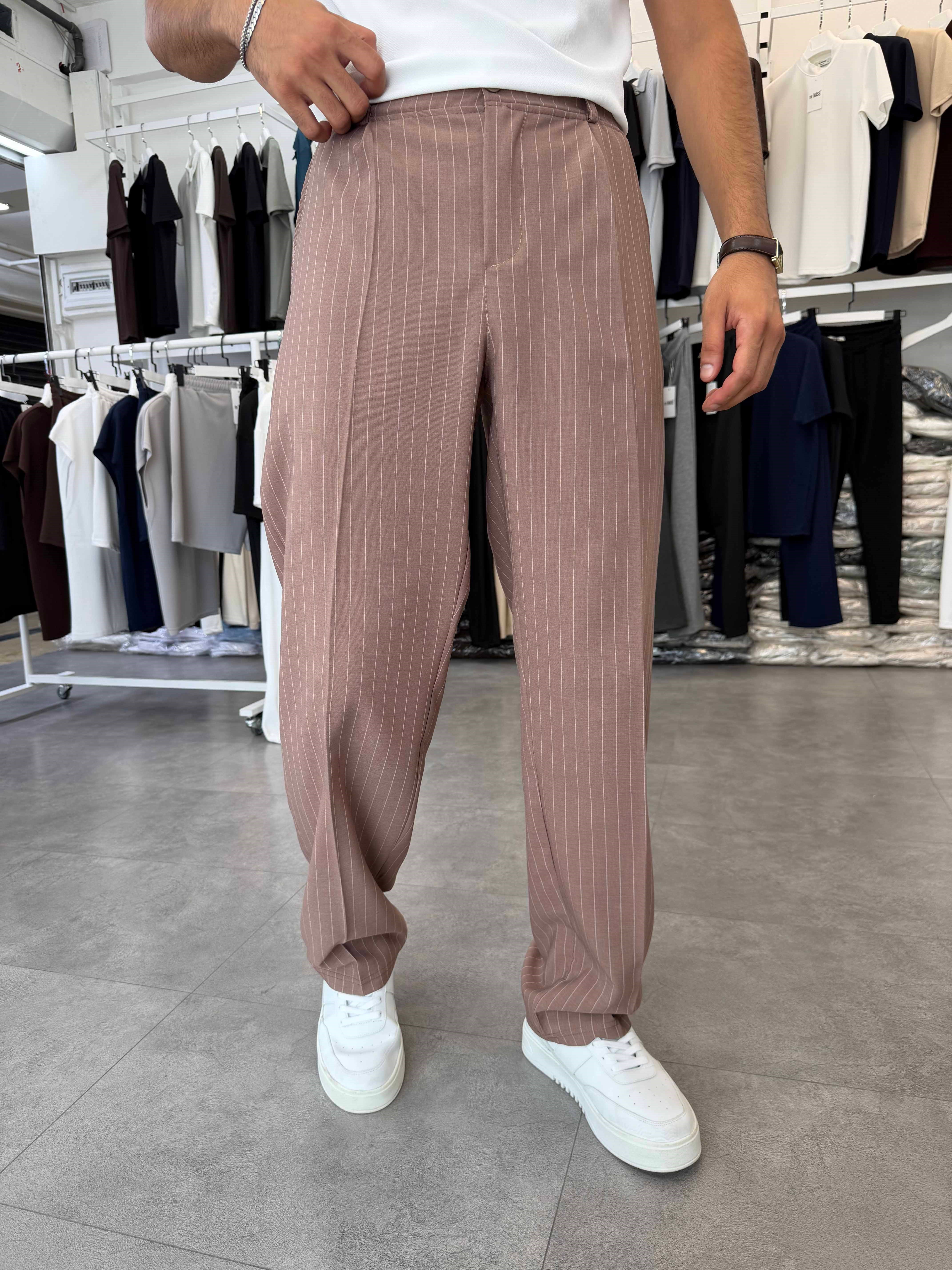 Viskon&Keten Pileli Baggy Pantolon Kahve