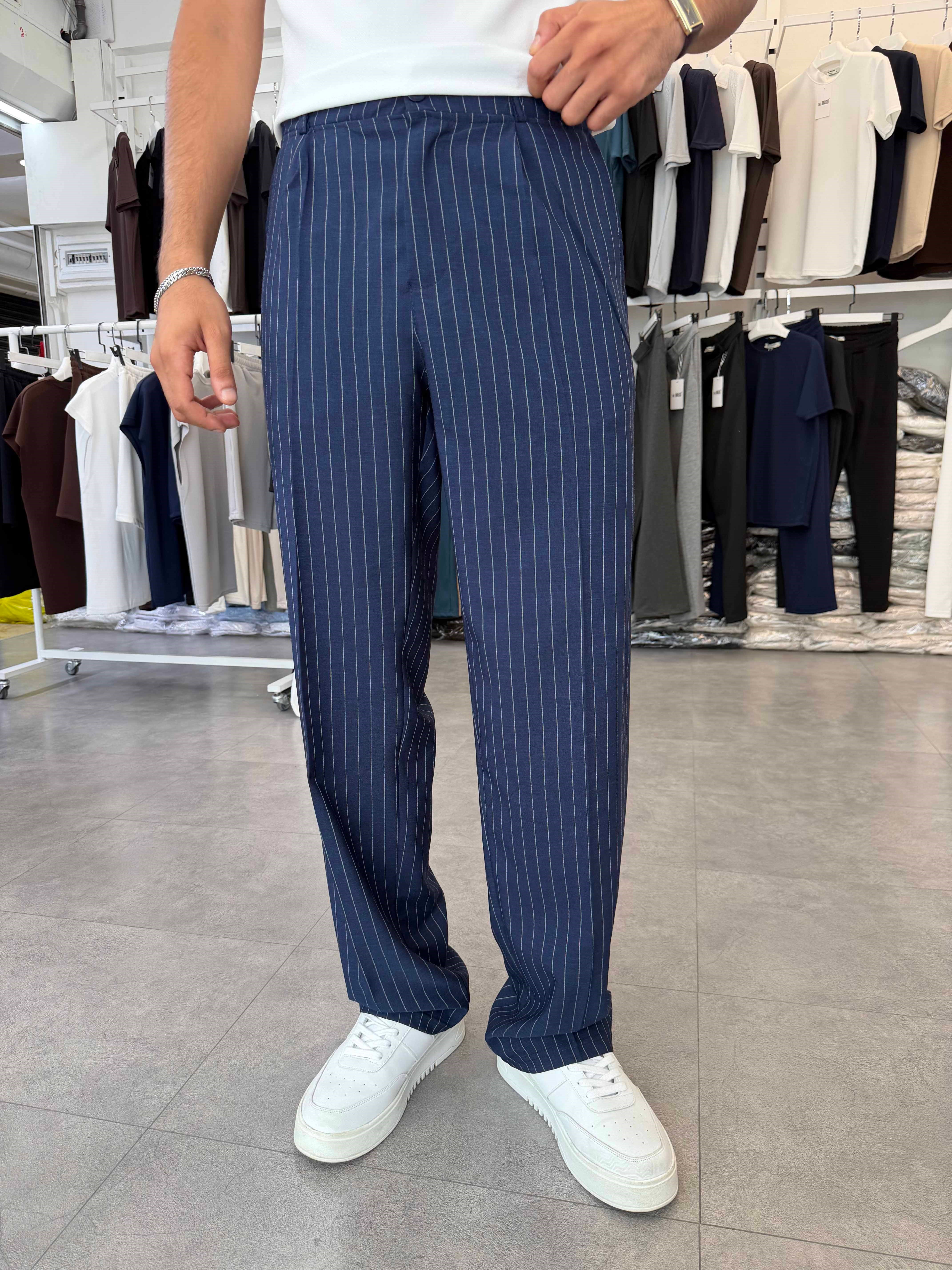 Viskon&Keten Pileli Baggy Pantolon Lacivert