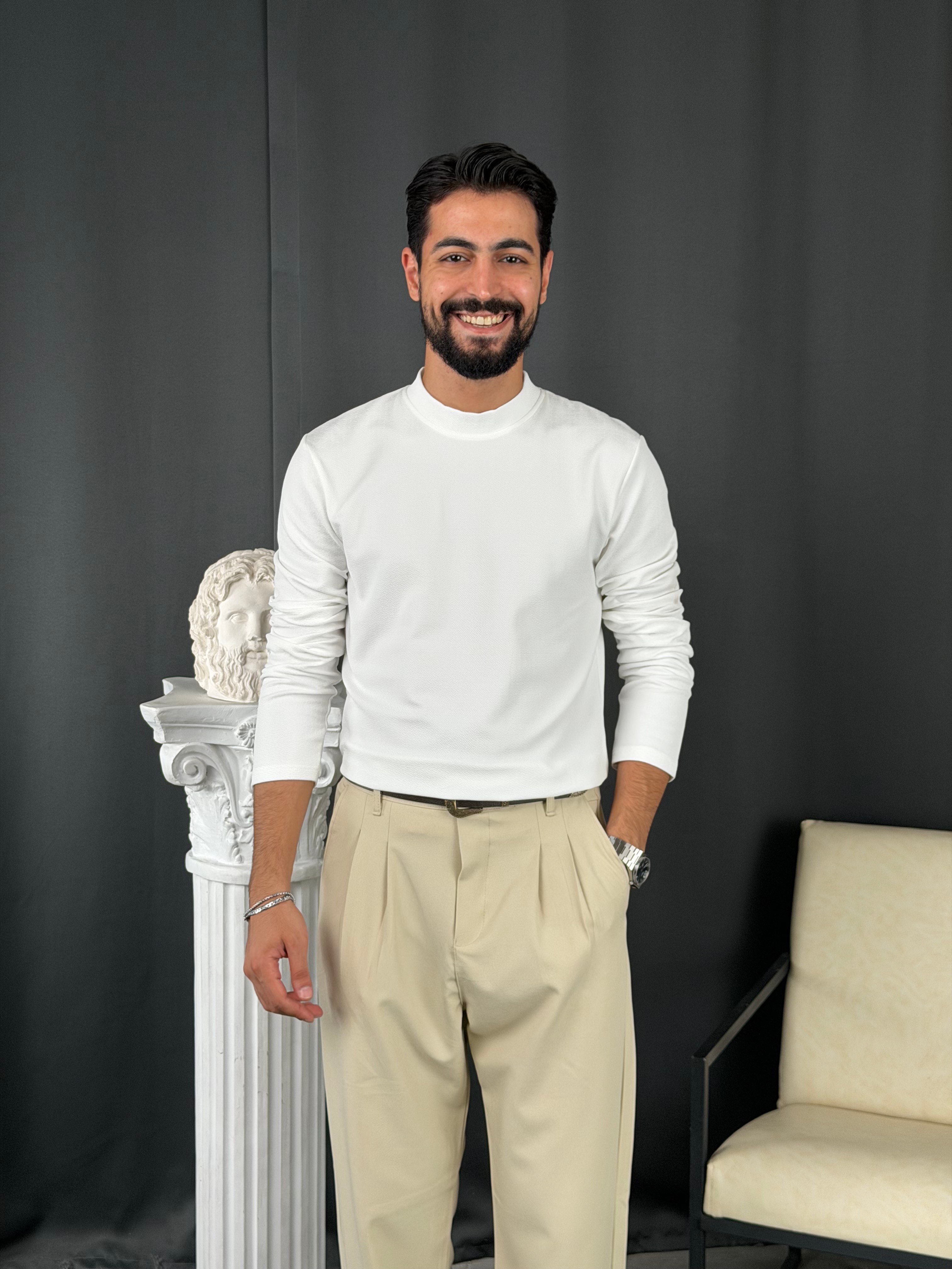 Yarım Balıkçı Örme Şardonlu Sweatshirt Beyaz