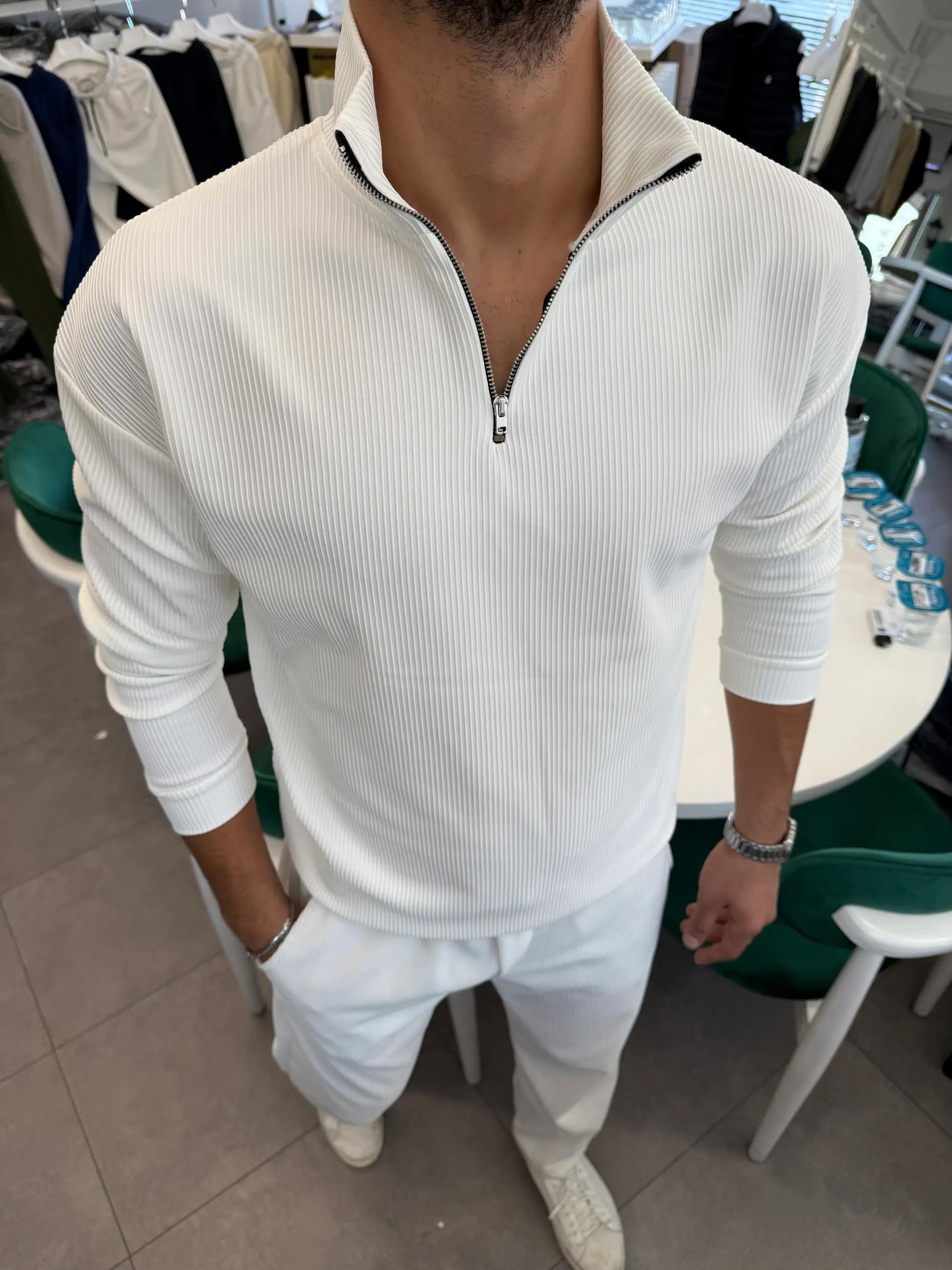 Yarım Fermuar Ottoman Kumaş Şardonlu Sweatshirt Beyaz