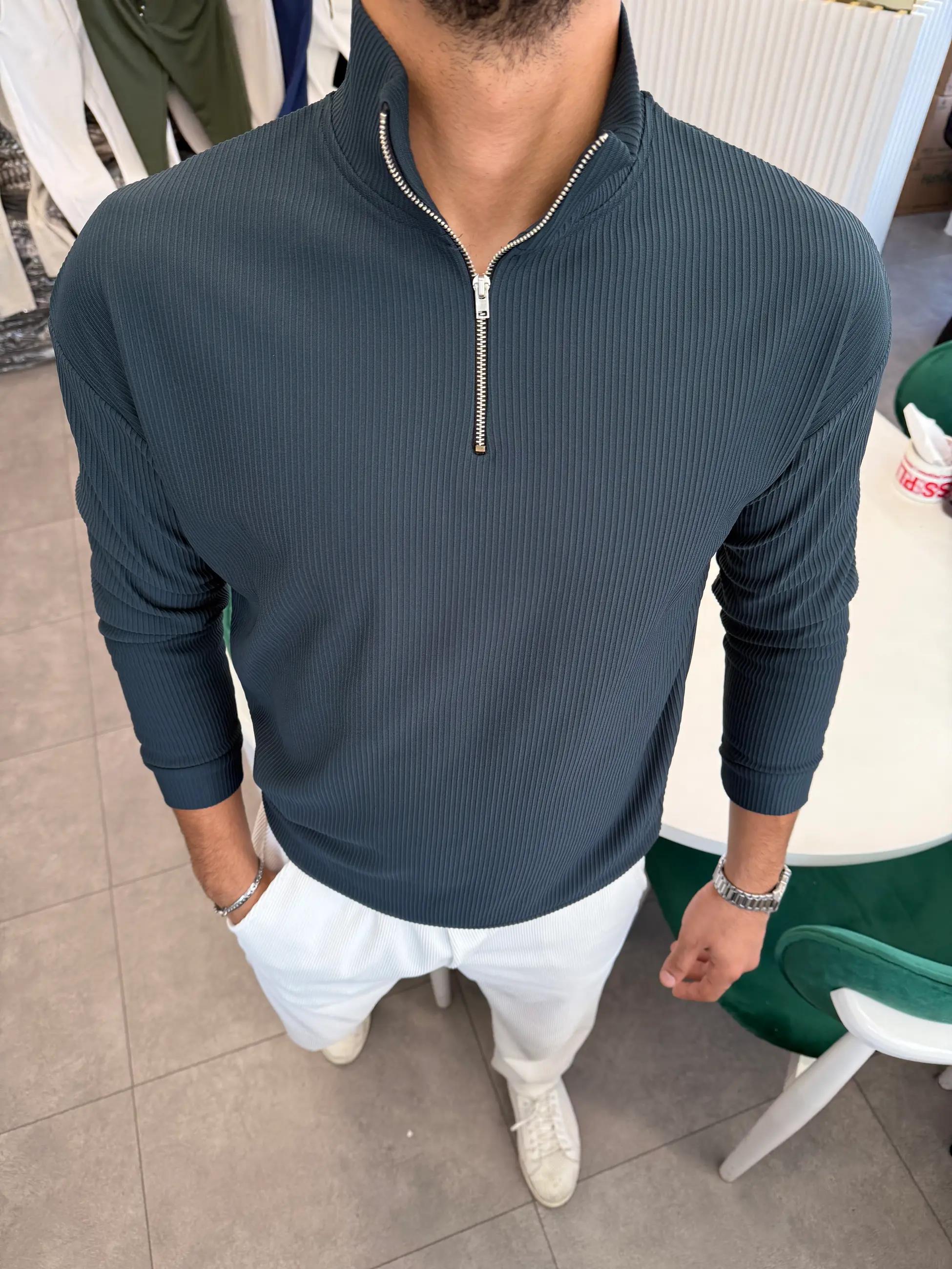 Yarım Fermuar Ottoman Kumaş Şardonlu Sweatshirt Petrol