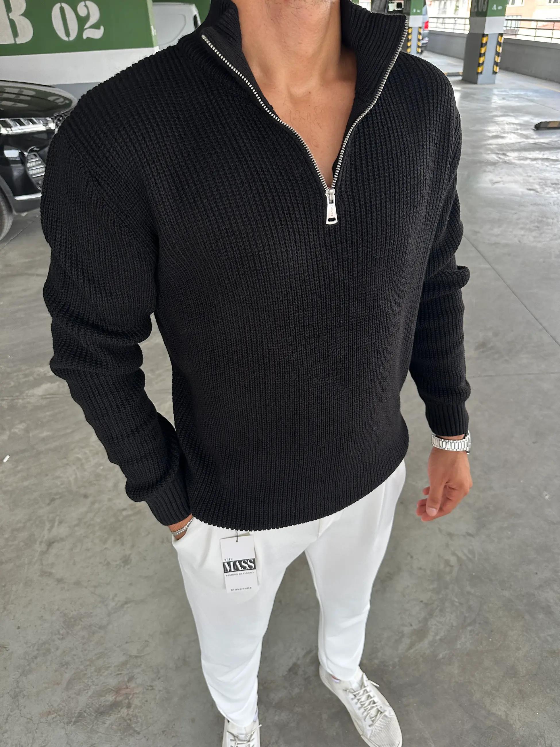 Yarım Fermuar Oversize Triko %100 Pamuk Siyah