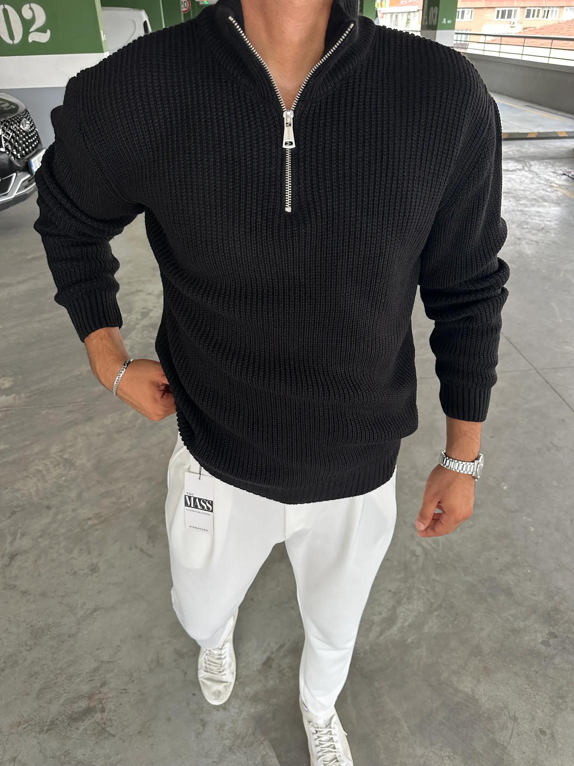 Yarım Fermuar Oversize Triko %100 Pamuk Siyah