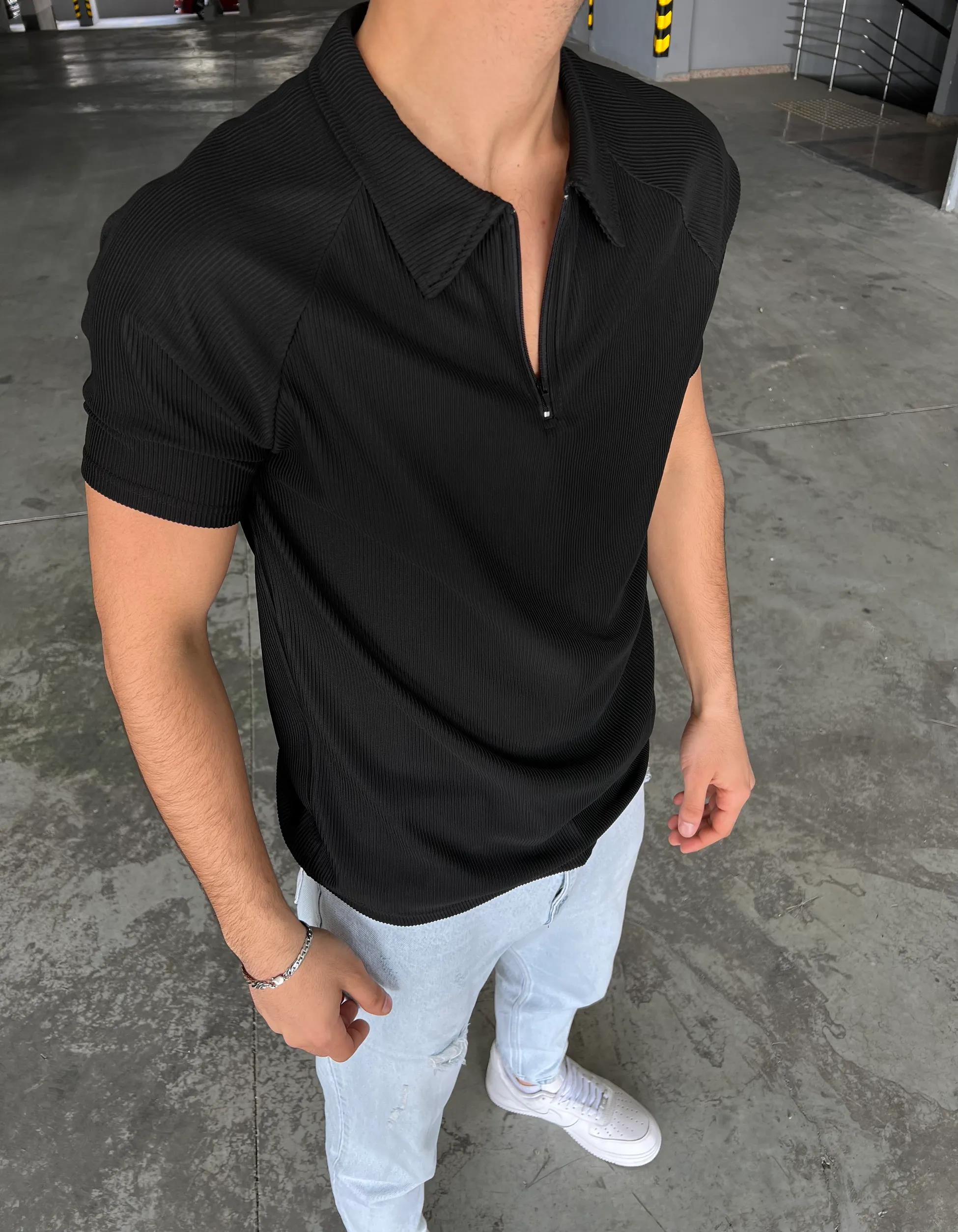Yarım Fermuar Polo Yaka Ottoman Kumaş Oversize Siyah
