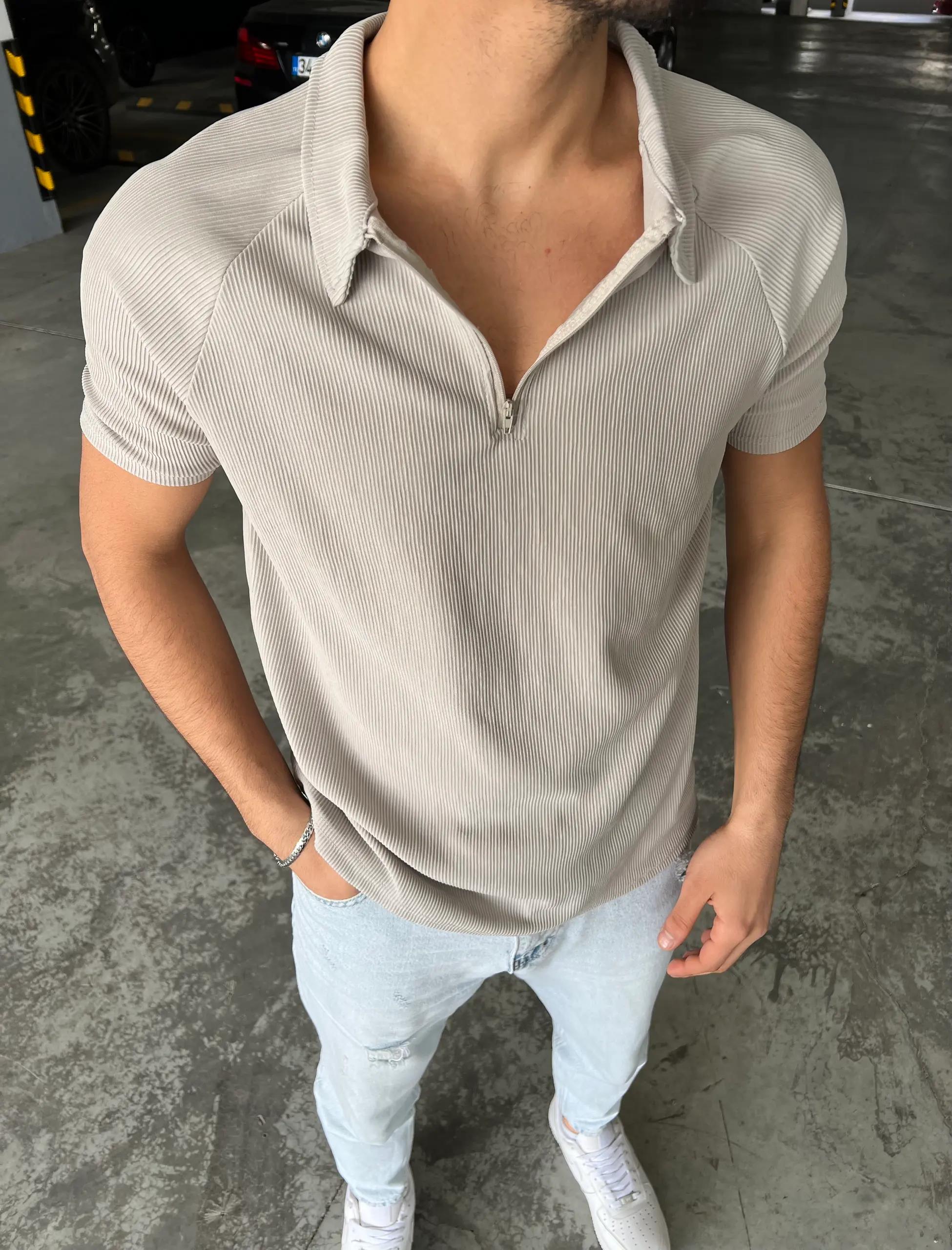 Yarım Fermuar Polo Yaka Ottoman Kumaş Oversize Vizon