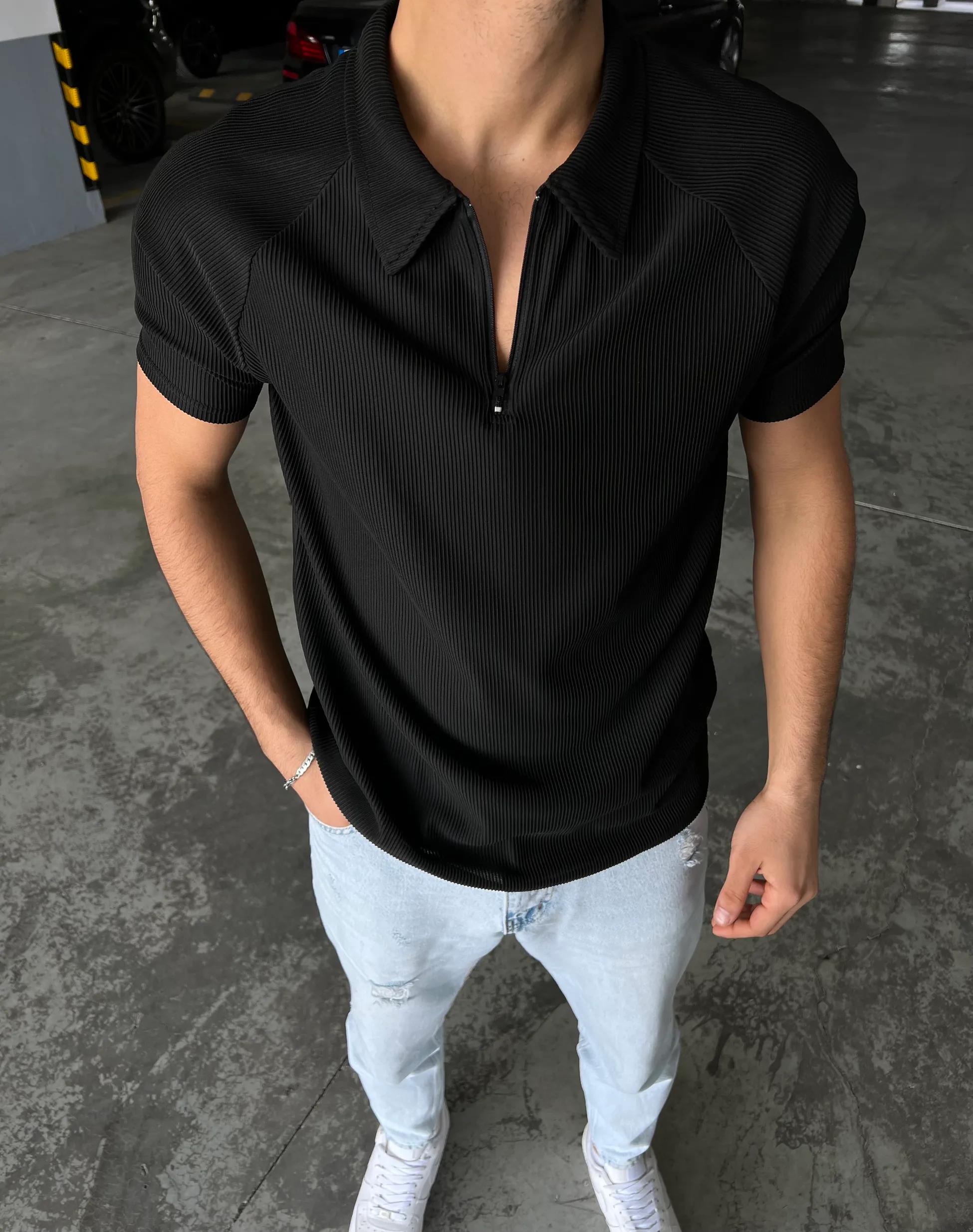 Yarım Fermuar Polo Yaka Ottoman Kumaş Oversize Siyah