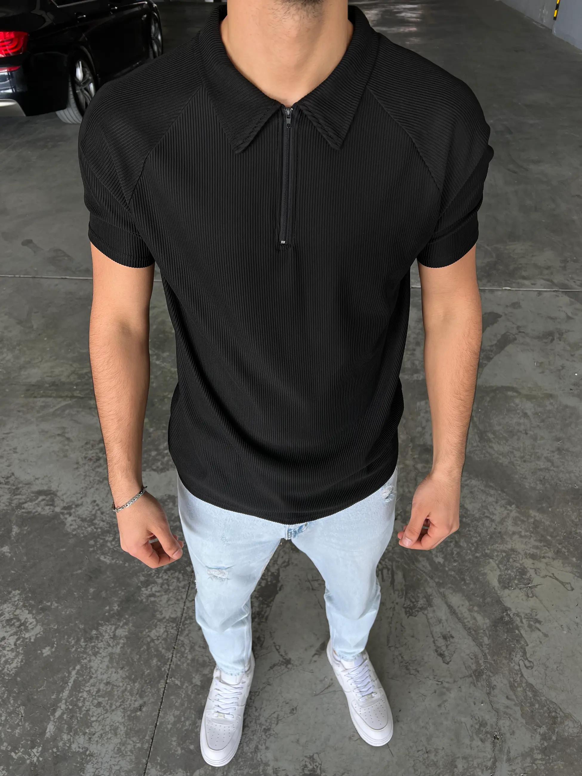 Yarım Fermuar Polo Yaka Ottoman Kumaş Oversize Siyah