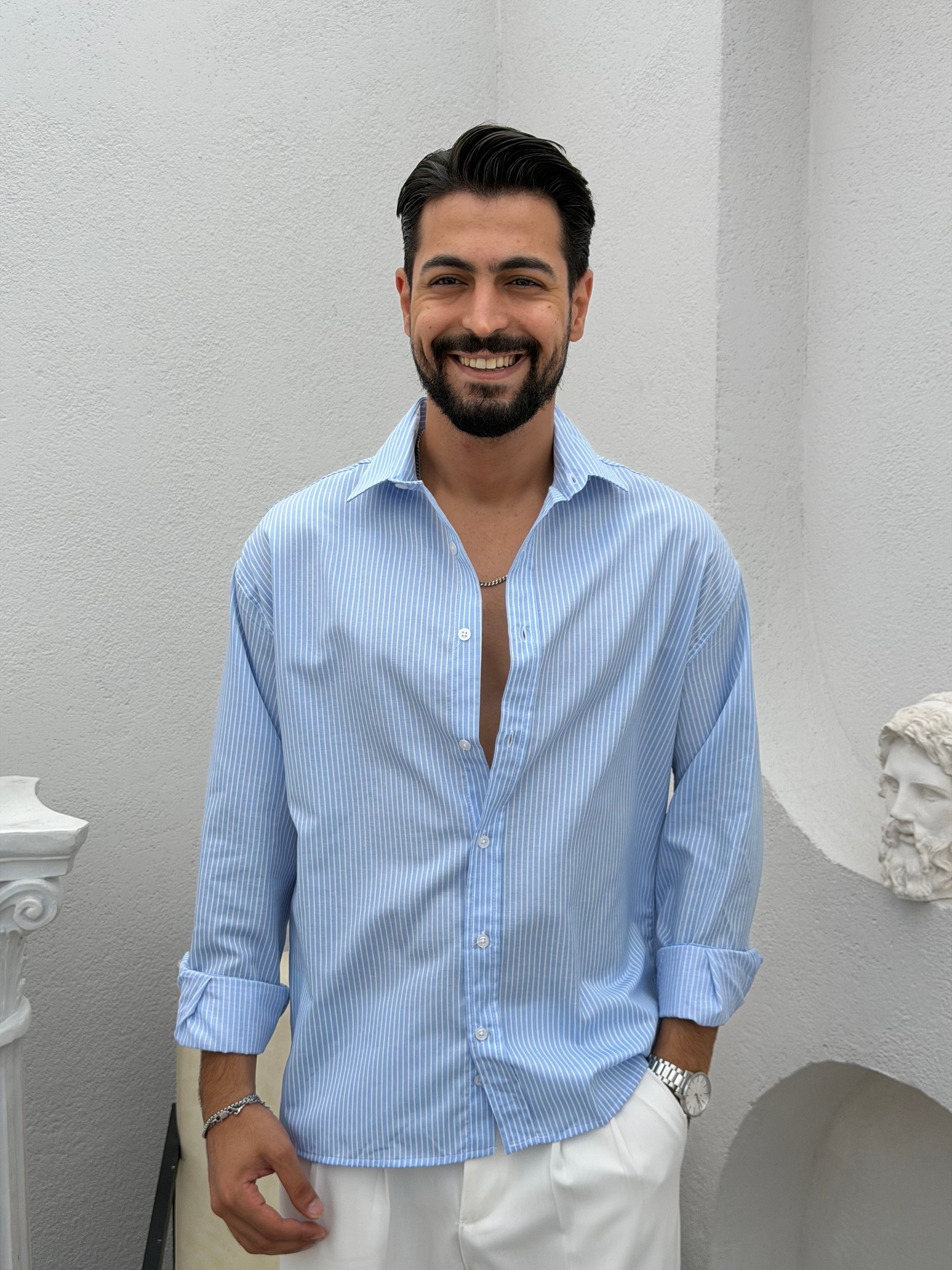 Yarım Oversize Çizgili Gömlek Mavi