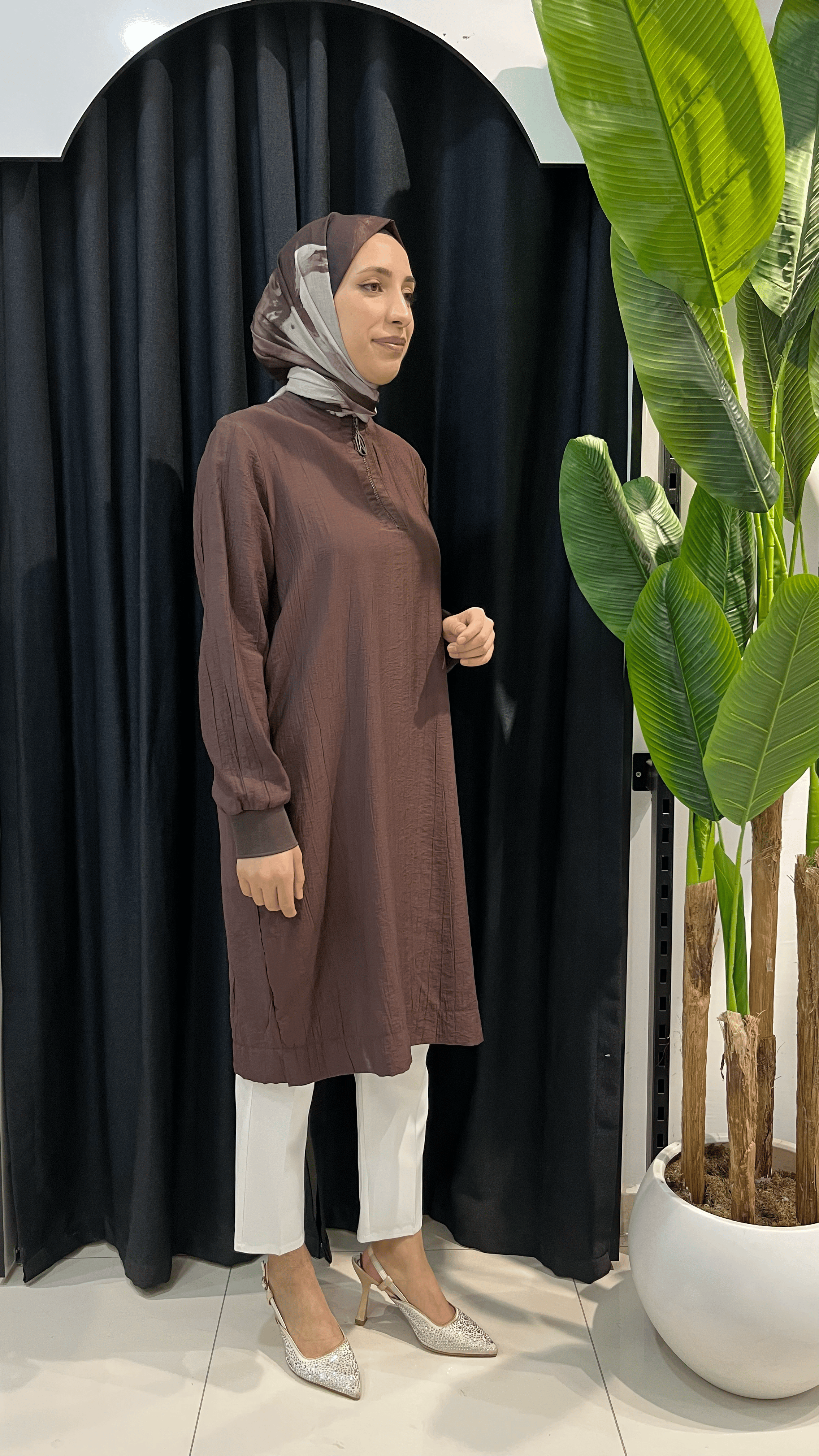 Armine Trend Çilek Kumaş Yarım Fermuarlı Tunik 26YT62 Kahverengi