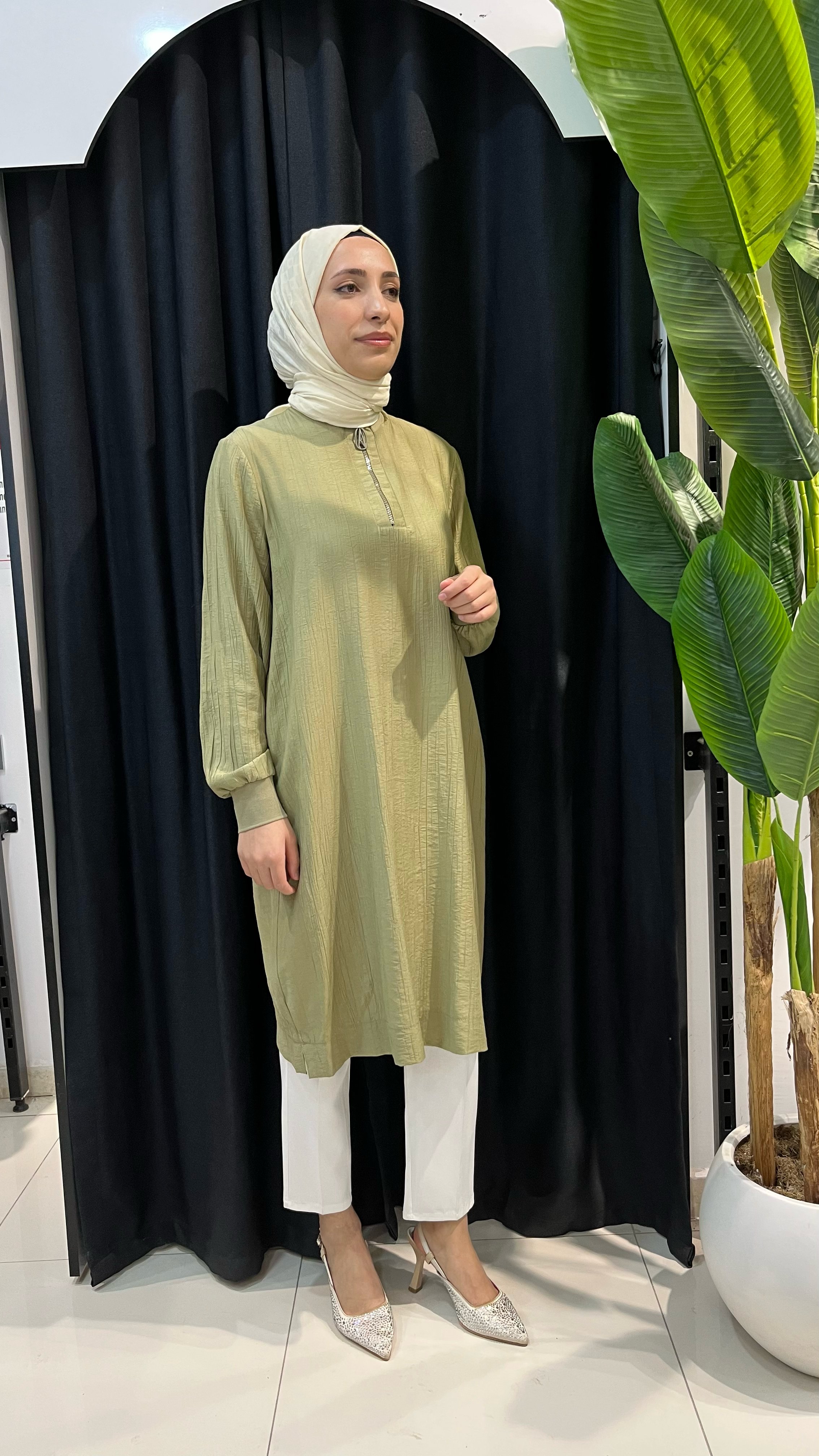 Armine Trend Çilek Kumaş Yarım Fermuarlı Tunik 26YT62 Küf Yeşili