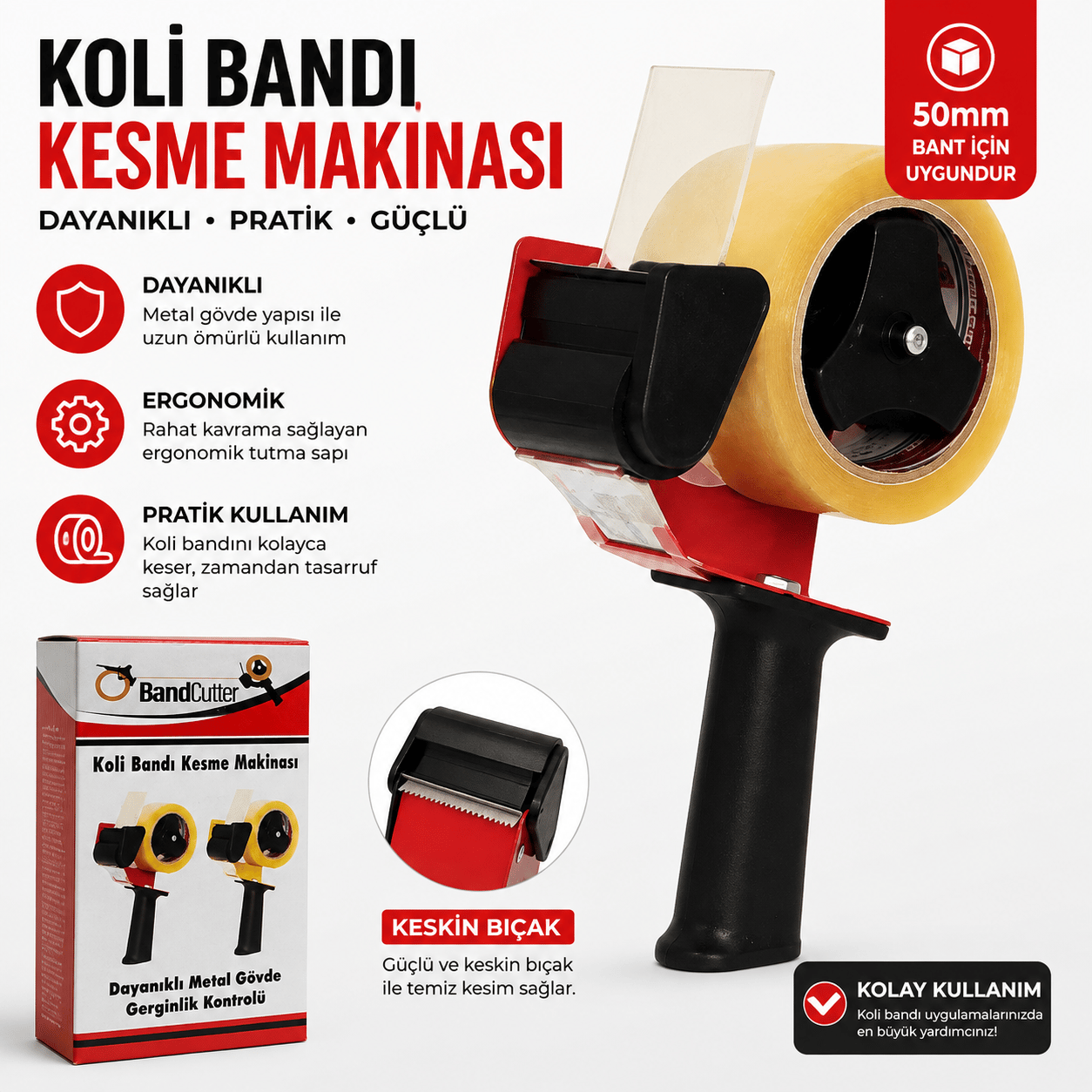 Koli Bandı Kesme Makinesi 50 Mm Manuel Paketleme Aparatı Metal Gövde