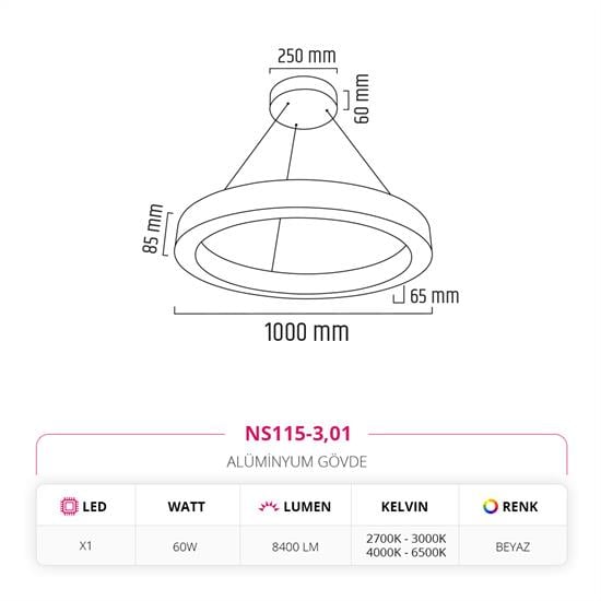 Nevo 100 cm Ledli Yuvarlak Simit Linear Sarkıt Beyaz NS115-3