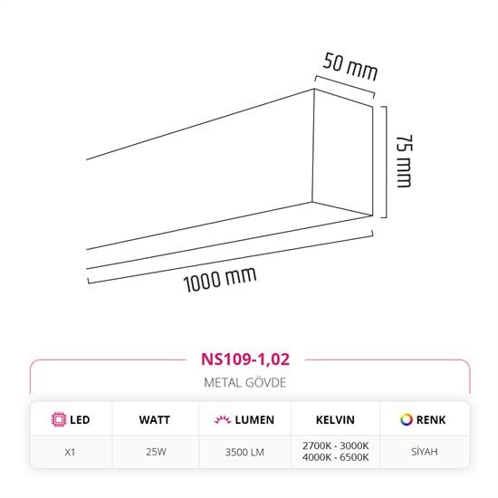 Nevo 100 cm Linear Sarkıt Siyah NS109-1