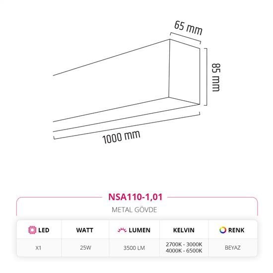 Nevo 100 cm Linear Sıva Üstü Armatür Beyaz NSA110-1