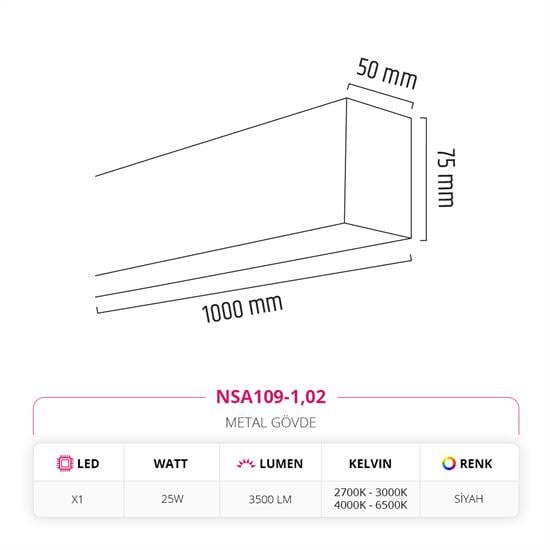 Nevo 100 cm Linear Sıva Üstü Armatür Siyah NSA109-1