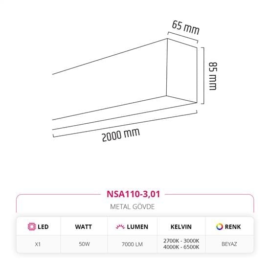 Nevo 200 cm Linear Sıva Üstü Armatür Beyaz NSA110-3