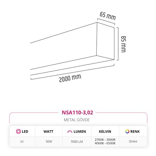 Nevo 200 cm Linear Sıva Üstü Armatür Siyah NSA110-3