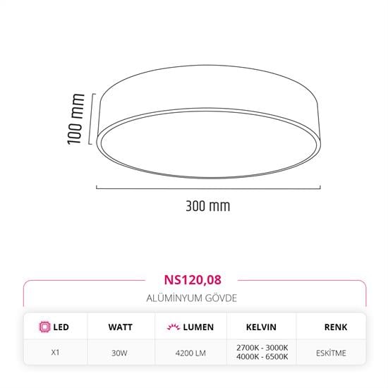Nevo 30 Cm Sıva Üstü Ledli Tavan Armatürü Eskitme NS120