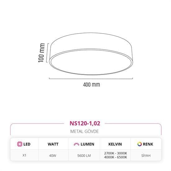 Nevo 40 Cm Sıva Üstü Ledli Tavan Armatürü Siyah NS120-1