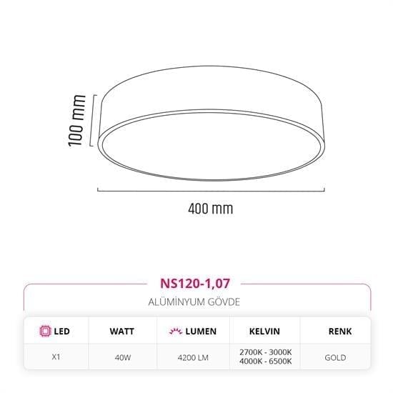 Nevo 40 Cm Sıva Üstü Ledli Tavan Armatürü Gold NS120-1