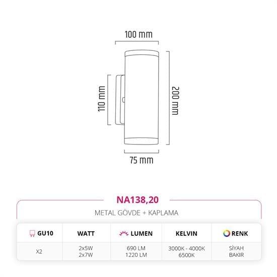 Nevo Çift Yönlü İç Mekan Aplik Siyah Bakır NA138