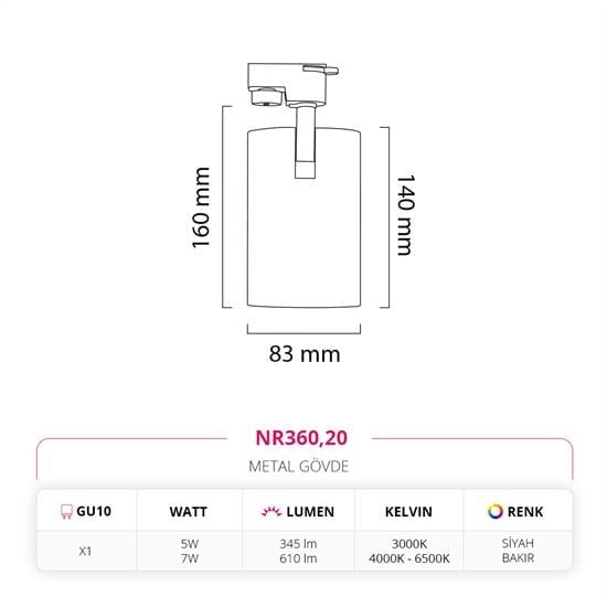 Nevo Dekoratif Ray Spot Siyah Bakır NR360