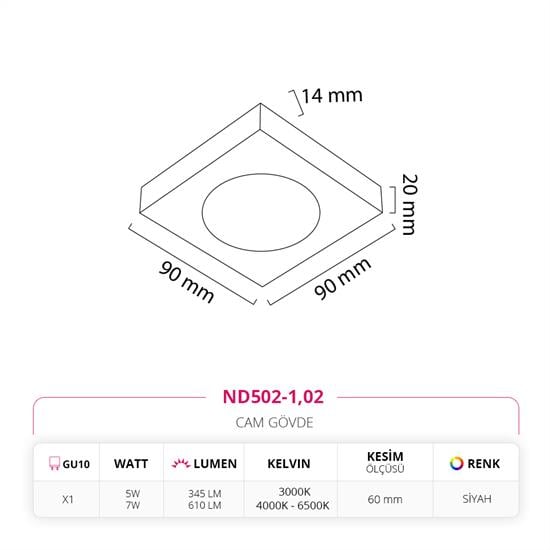 Nevo Sıva Altı Cam Spot Siyah ND502-1