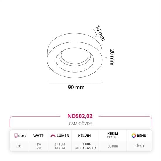 Nevo Sıva Altı Cam Spot Siyah ND502
