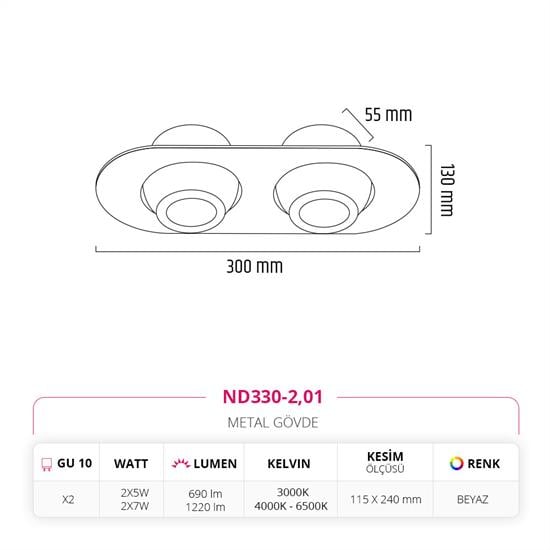 Nevo Sıva Altı İkili Led Spot Beyaz ND330-2