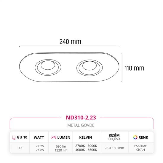 Nevo Sıva Altı İkili Led Spot Eskitme Siyah ND310-2