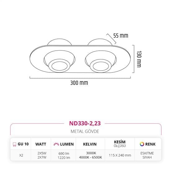 Nevo Sıva Altı İkili Led Spot Eskitme Siyah ND330-2
