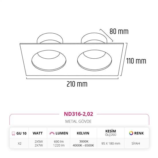 Nevo Sıva Altı İkili Led Spot Siyah ND316-2