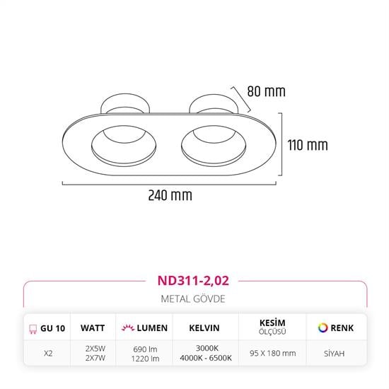 Nevo Sıva Altı İkili Led Spot Siyah ND311-2