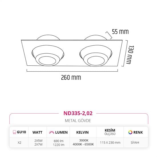 Nevo Sıva Altı İkili Led Spot Siyah ND335-2