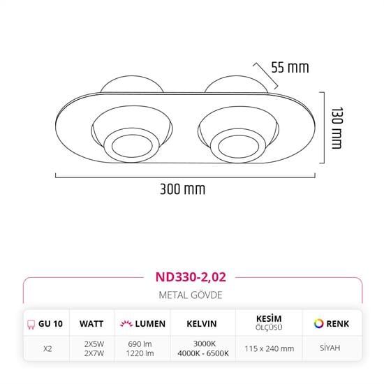 Nevo Sıva Altı İkili Led Spot Siyah ND330-2