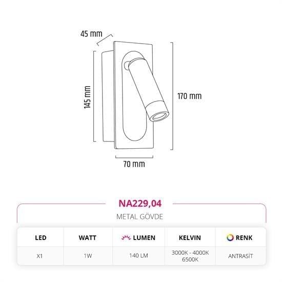 Nevo Sıva Altı Yatak Başı Aplik Antrasit NA229