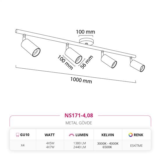 Nevo Sıva Üstü Dörtlü Led Spot Eskitme NS171-4